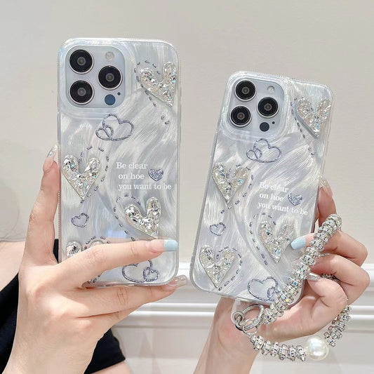 Silver Feather Case iPhone15 Pro Max XR 13 Ruched Heart Chain Hard Cover