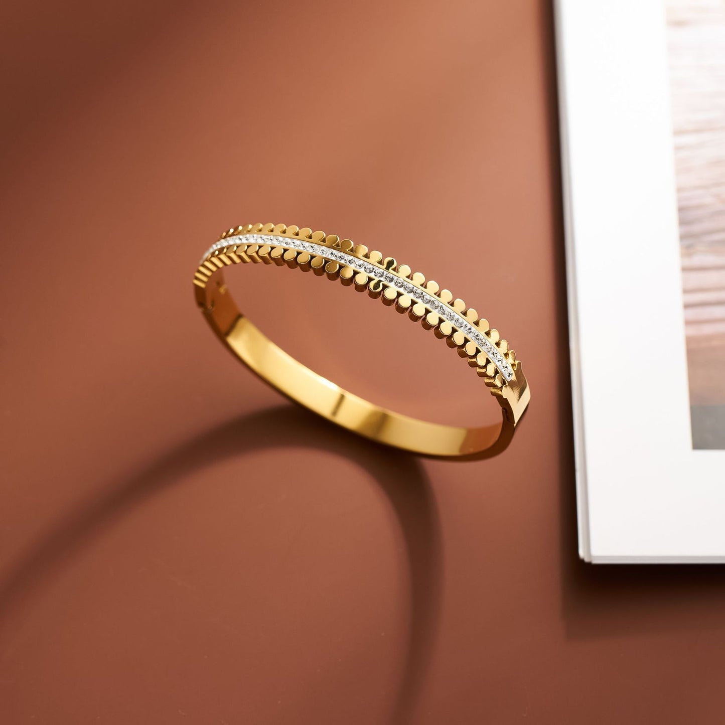 Women's Japanese-Korean Stainless Steel Bracelet with Round Studs & Central Rhinestone Row