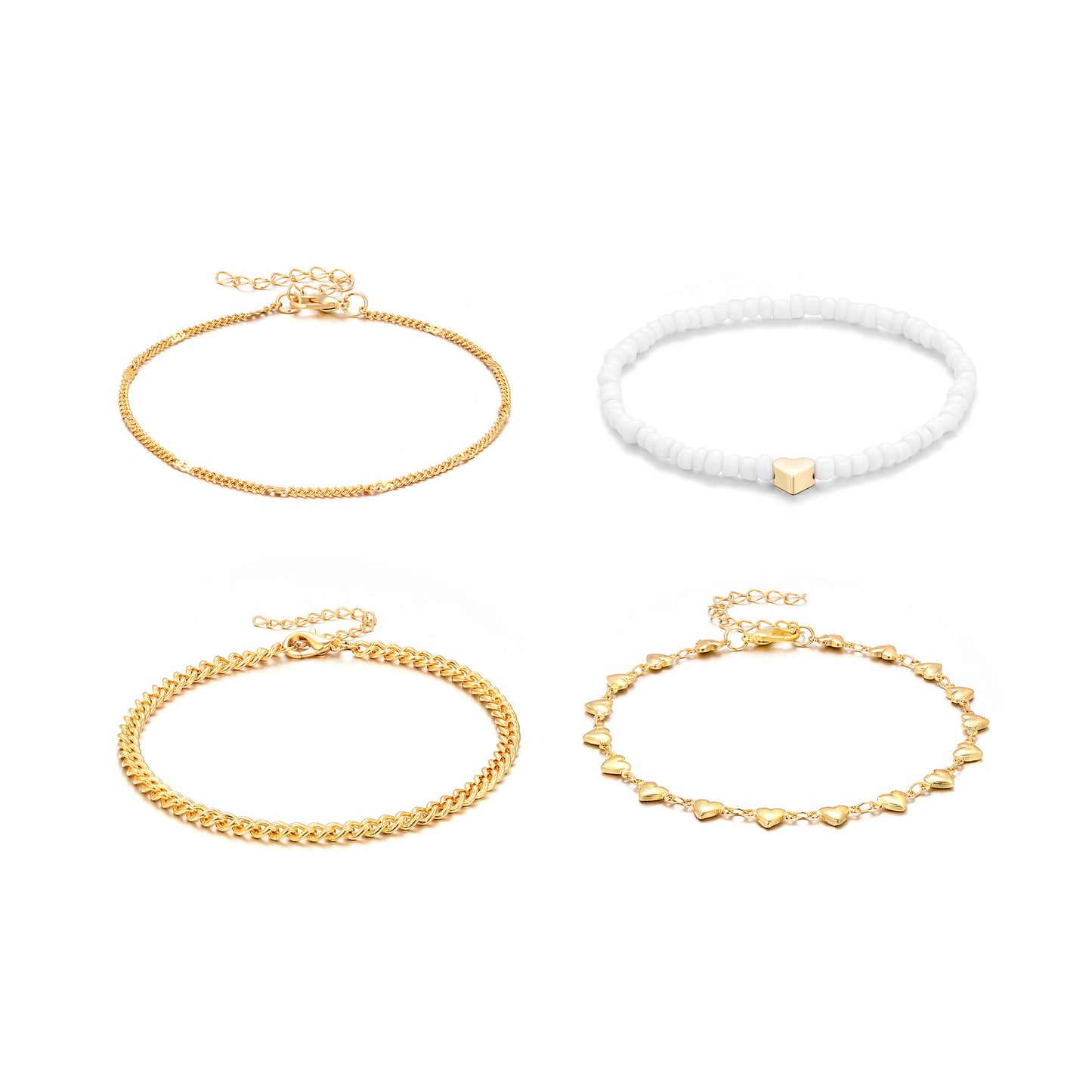 Multi-Layer Heart & Bead Anklet Set