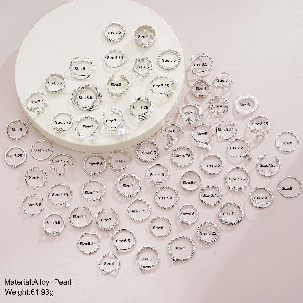 Silver Leaf Heart Pearl Ring Set