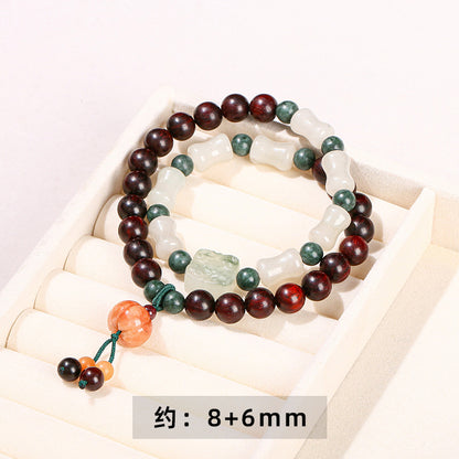 Pulsera de doble anillo con cuentas de bambú y jade de madera de rama agria 
