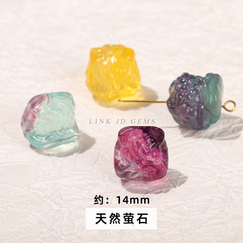 Cuentas sueltas con grabado de cabeza de león de obsidiana plateada y cristal 