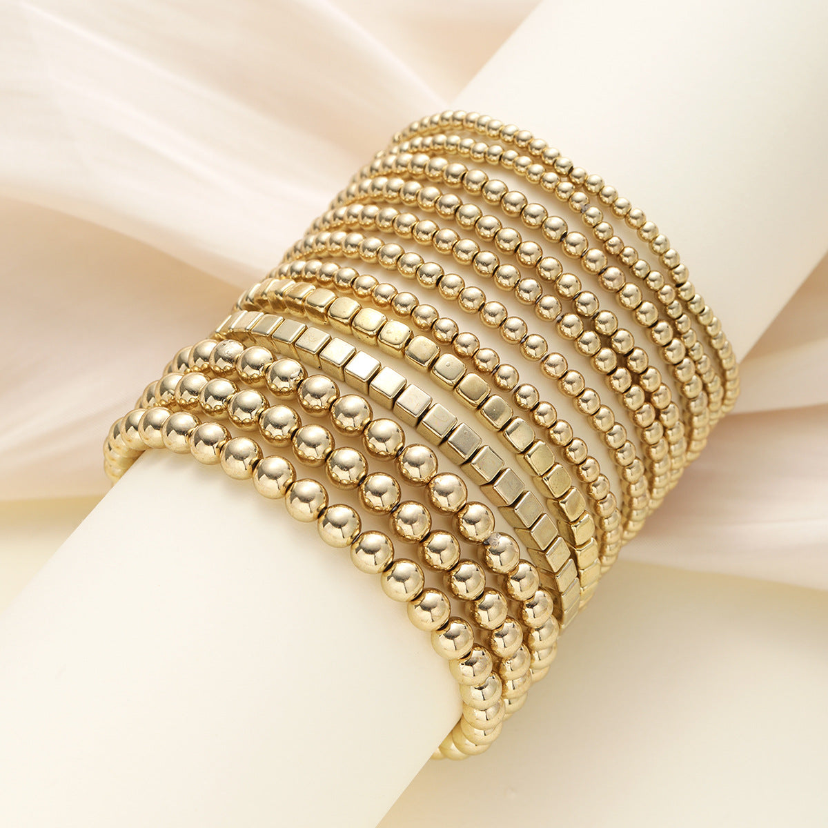 Gold Square & Round Bead Bracelet Set (12-Piece)