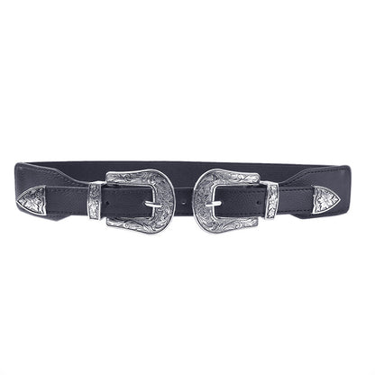 Grained metal double buckle decorative belt