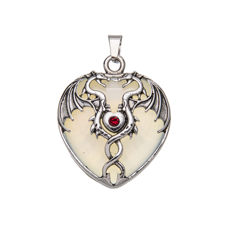 Pingente de coração de gema envolto em dragão de asa dupla vintage de cristal 