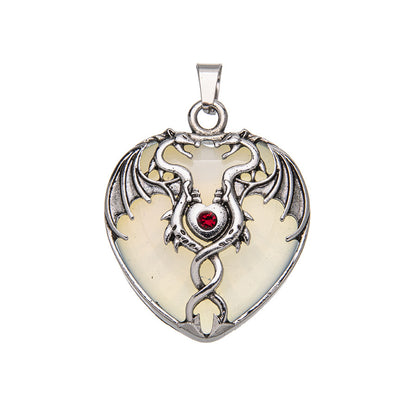 Pingente de coração de gema envolto em dragão de asa dupla vintage de cristal 