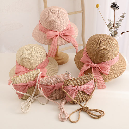 Conjunto de sombrero de paja con lazo para niños, bolsa de viaje con protección solar para la familia, primavera y verano 