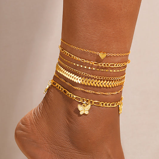 Gold Butterfly Multi-Layer Anklet Set