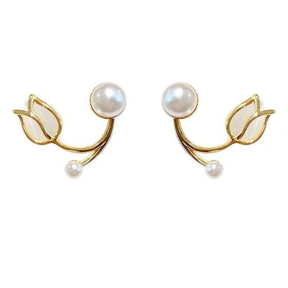 A pair of tulip flower pearl stud earrings.
