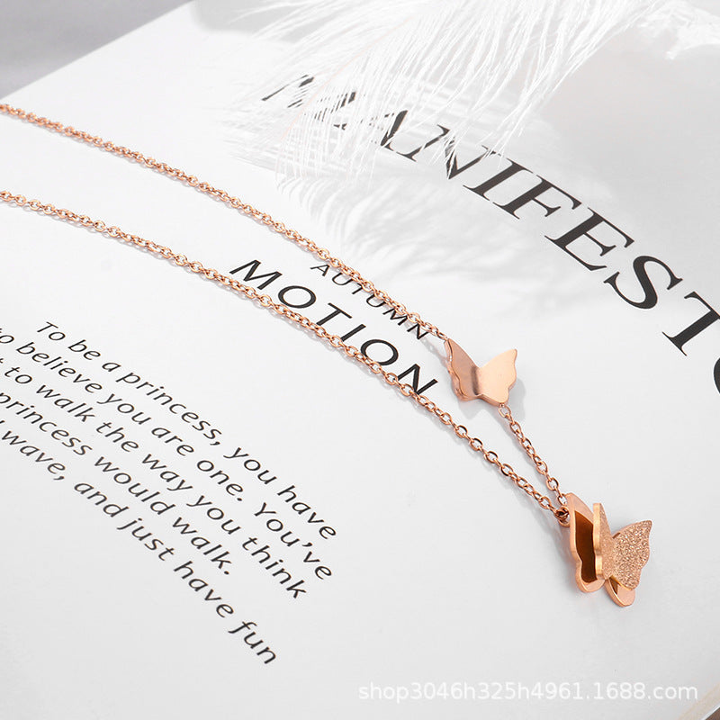 Women's Rose Gold Frosted Double Butterfly Titanium Steel Collarbone Necklace