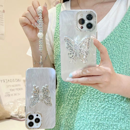 Funda de plumas plateadas para iPhone 15 Pro 11 con soporte de mariposa de plata galvanizada 