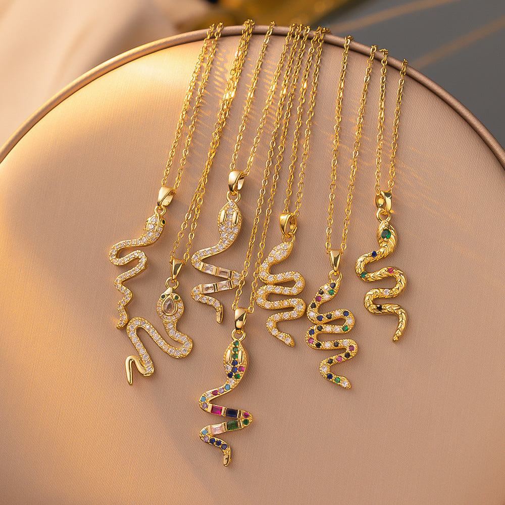 Women's Gold-Plated Snake Pendant Necklace with Colored Zircons