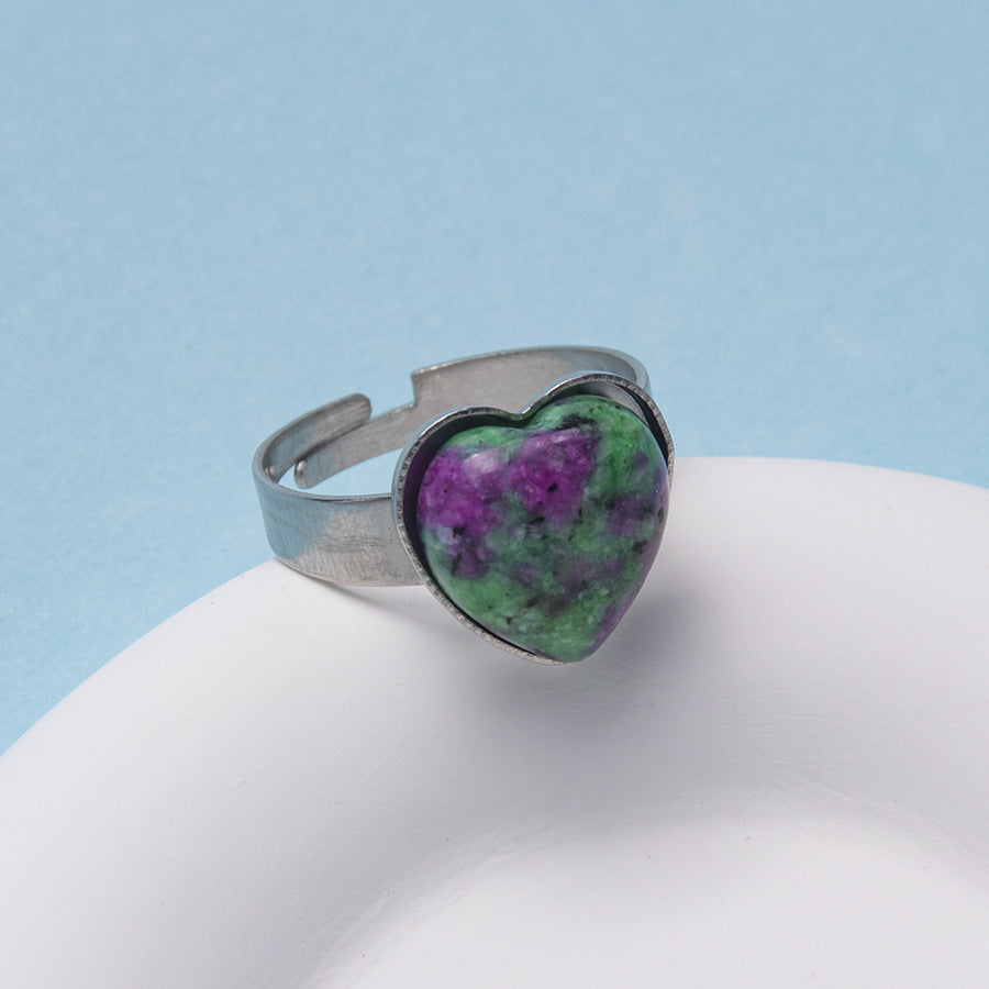 Anel de aço inoxidável ajustável de pedra natural em forma de coração 