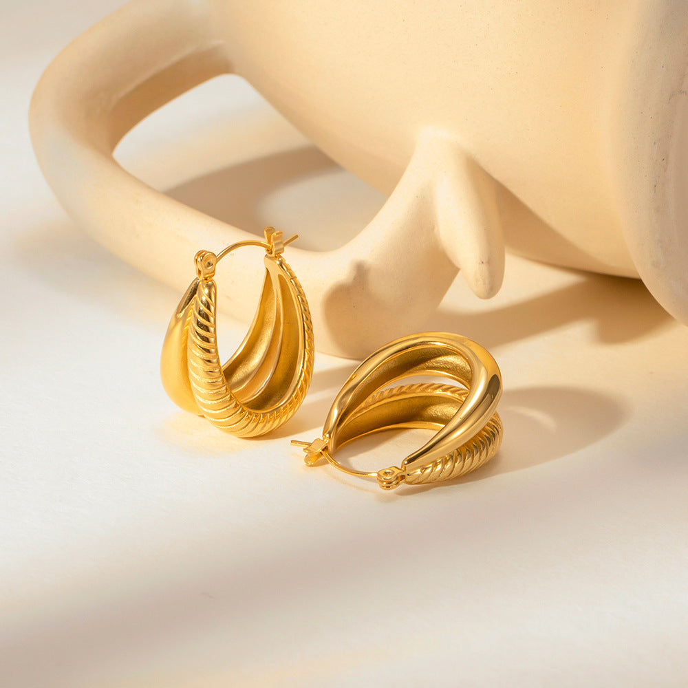 Double Layer Polished Ribbed Oval Pot Earrings