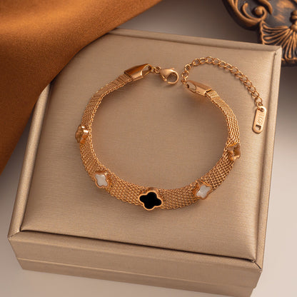 Fashion Stainless Steel Four-Leaf Clover Mesh Bracelet for Women - Durable and Color-Retaining