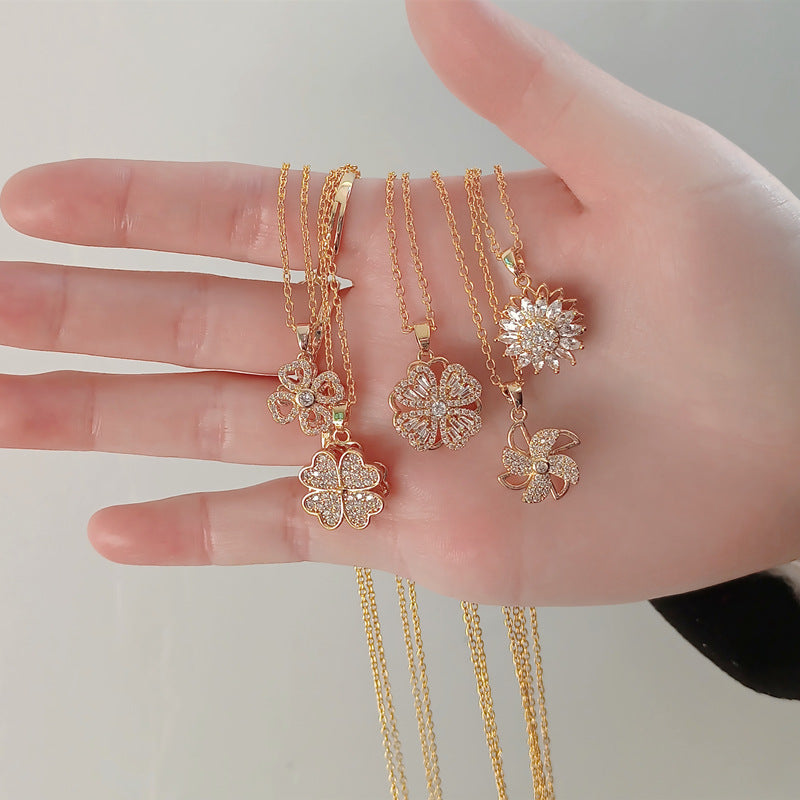 Rotating Windmill Sunflower Zircon Copper Pendant Necklace