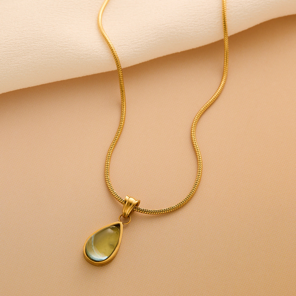 Women's Gold-Plated Titanium Steel Blue-Green Teardrop Pendant Snake Chain Necklace