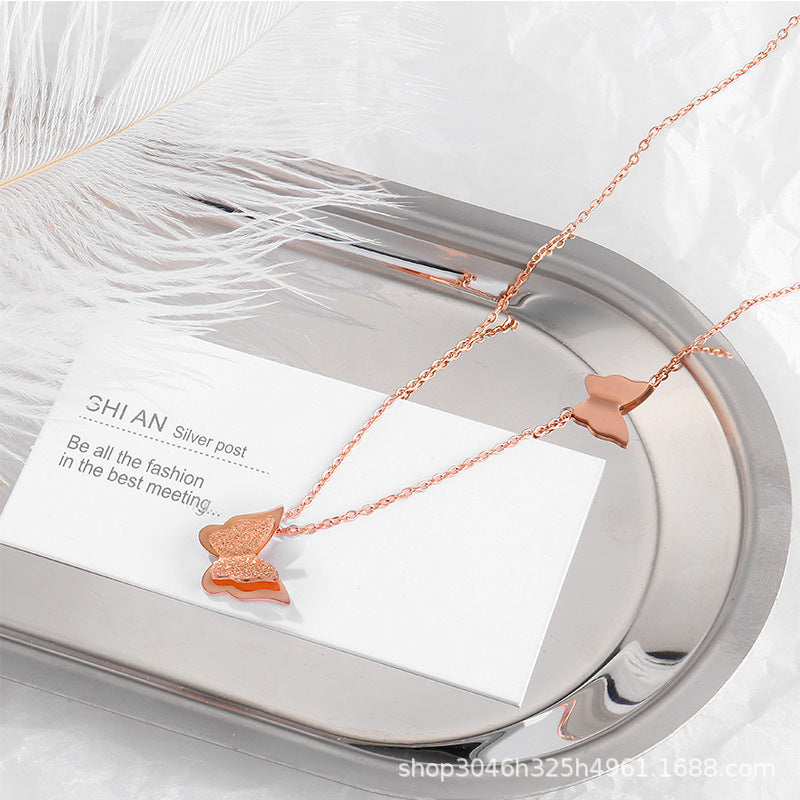 Women's Rose Gold Frosted Double Butterfly Titanium Steel Collarbone Necklace