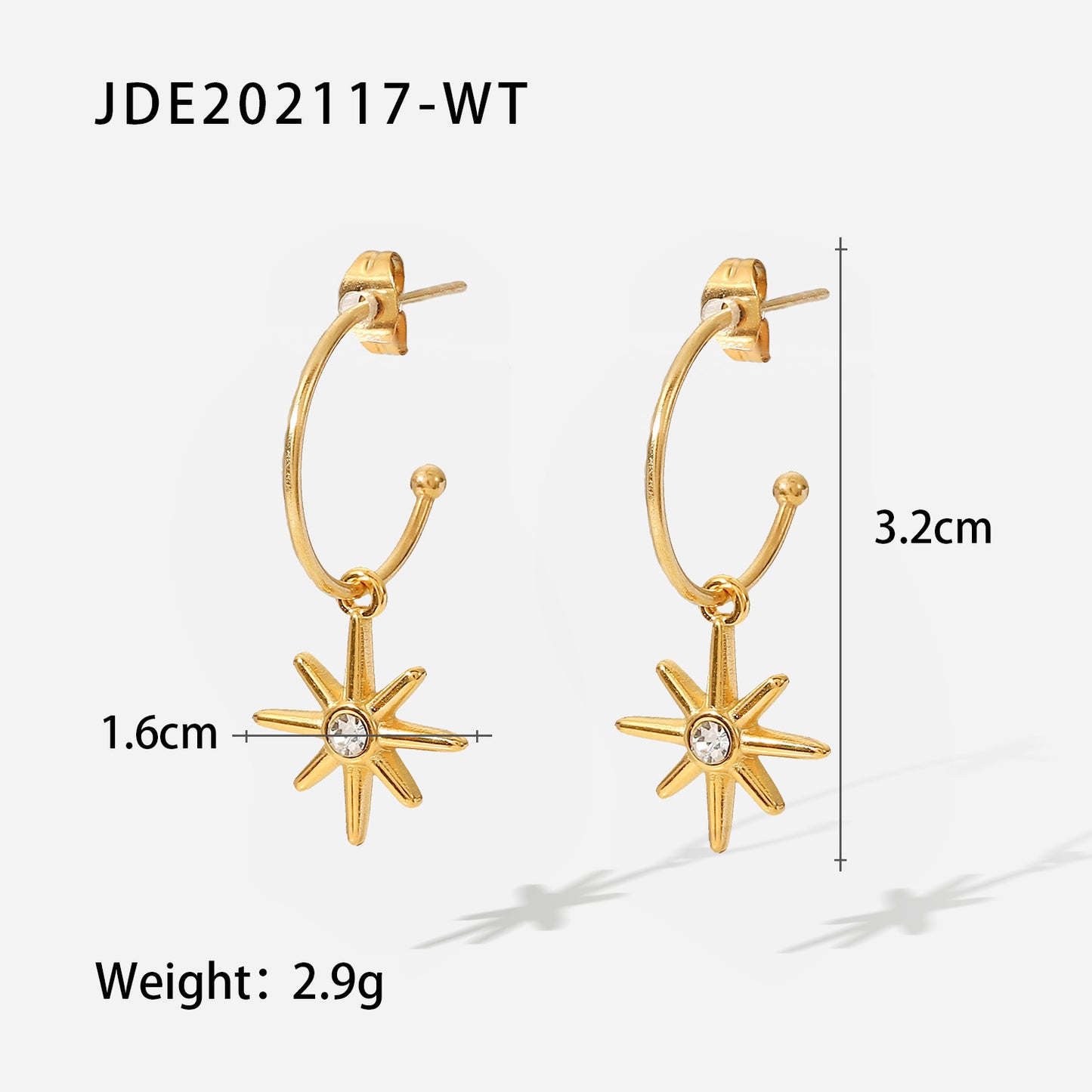 Gold C-shaped six-pointed star pendant earrings