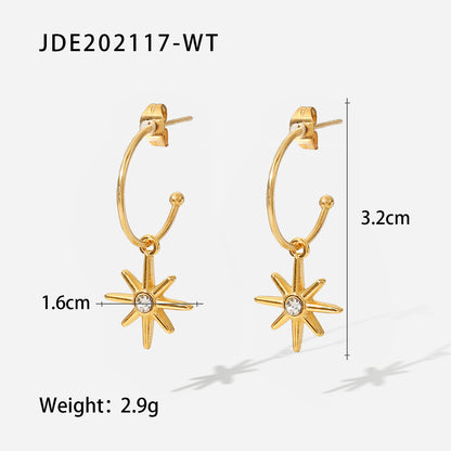 Gold C-shaped six-pointed star pendant earrings