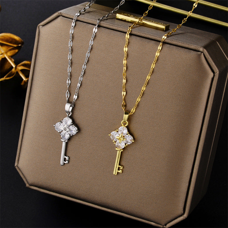 Gold-Plated Titanium Steel Key Necklace with Tassel — Women's Clavicle Chain