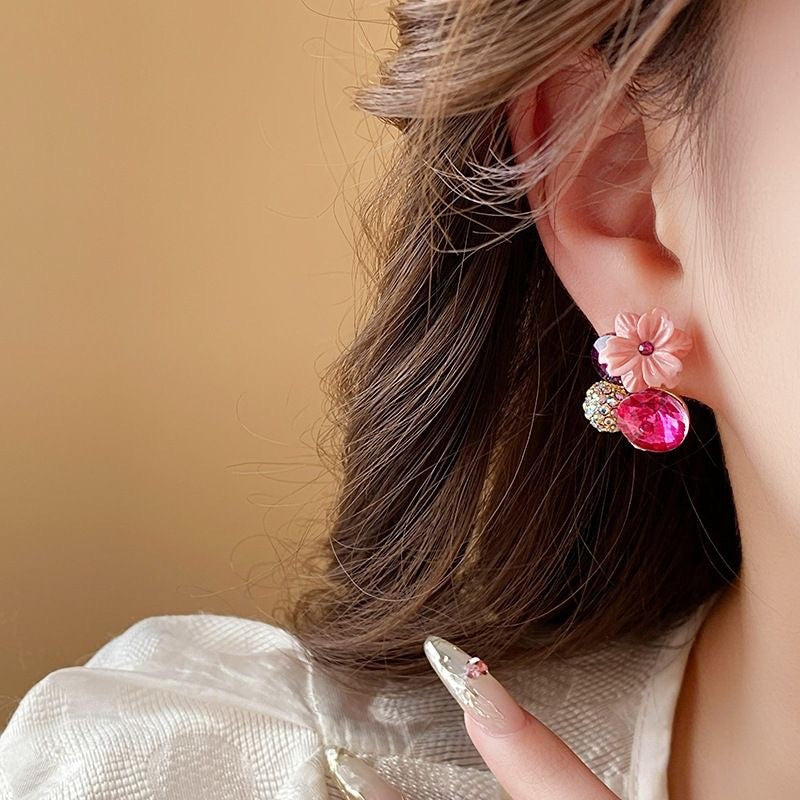 Contrasting color diamond flower stud earrings fashion