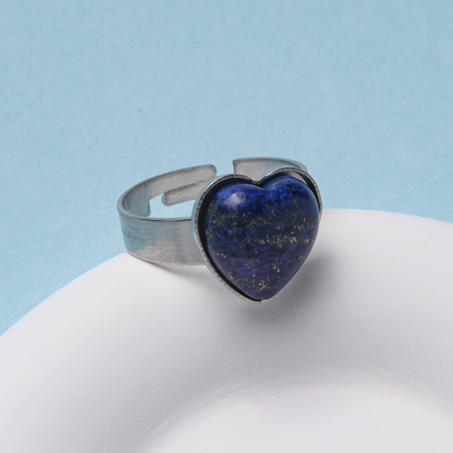 Anel de aço inoxidável ajustável de pedra natural em forma de coração 