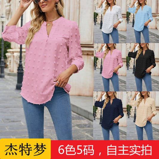 Seven-quarter-sleeved chiffon top