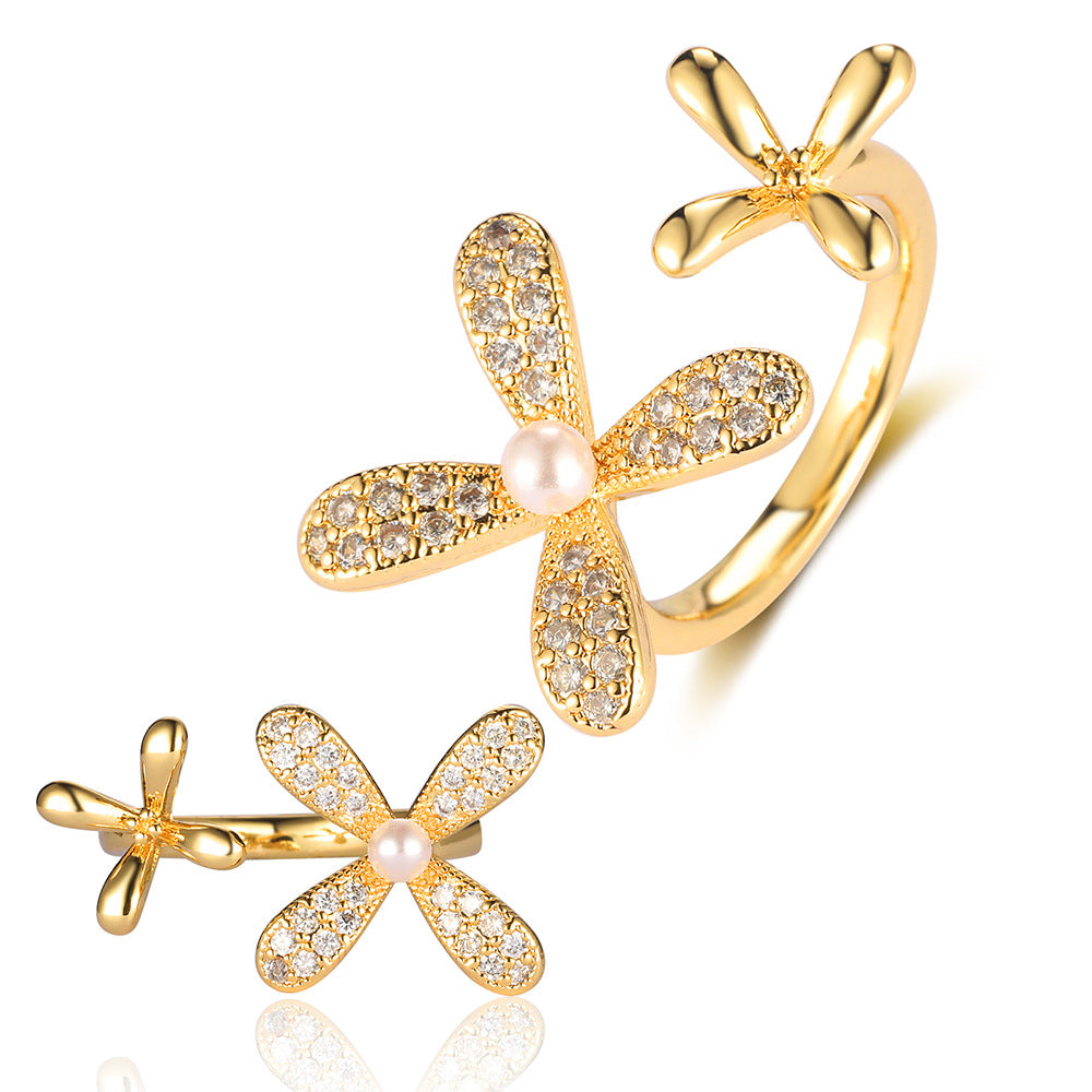 Pearl Flower Love Lock Bow Ring