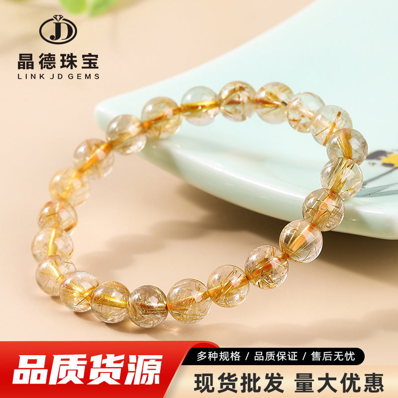Titanium crystal round bead bracelet, yellow hair crystal jewelry.