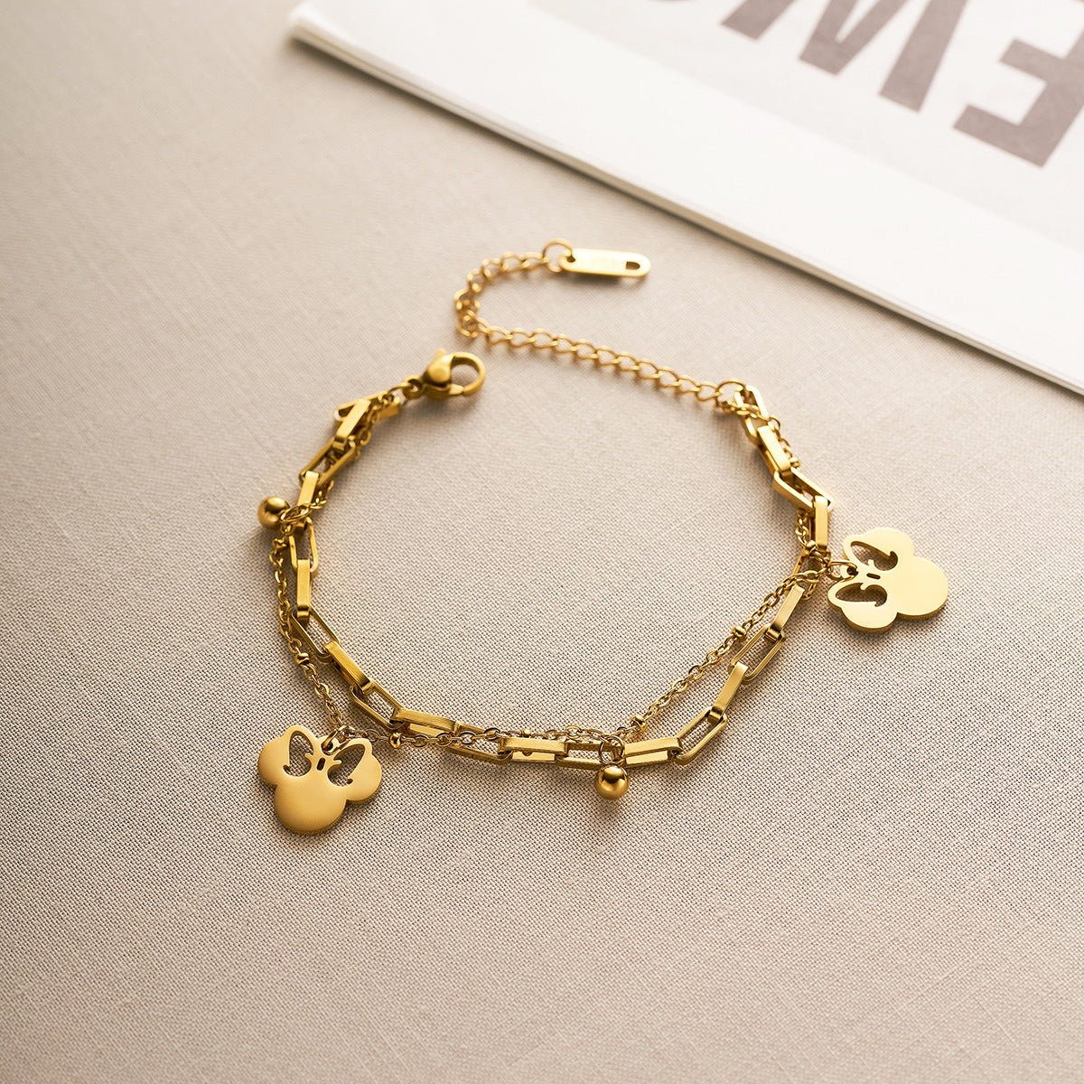 Women's Double-Layer Titanium Steel Hollow Butterfly Bracelet with Mickey Pendant — Non-Fading