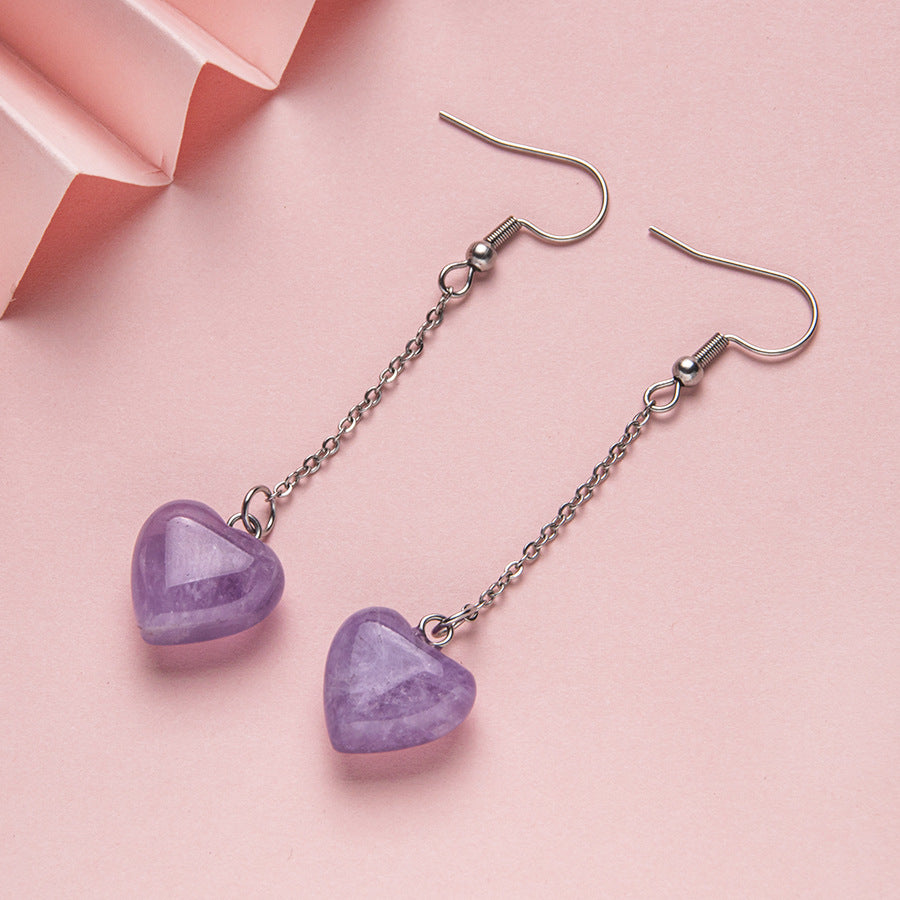 Brincos longos de aço inoxidável com coração de pêssego de 15 mm de cristal 