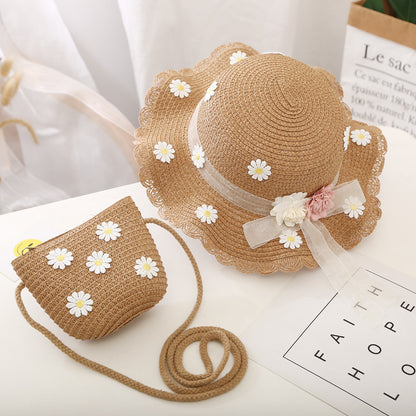 Conjunto de sombrero para el sol para niñas, nuevo bolso de paja de verano, princesa UV para bebés 