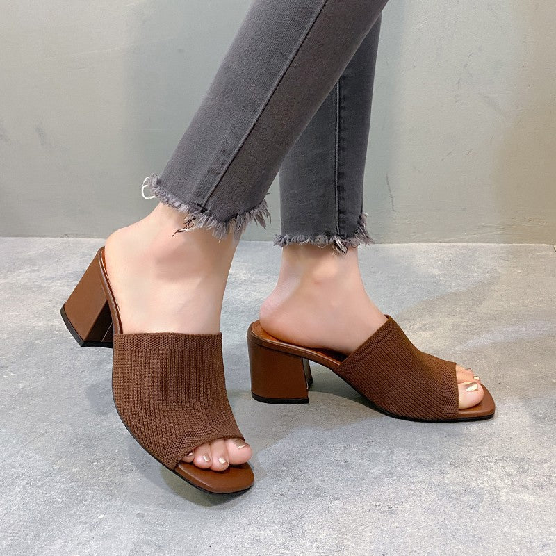 One-word thick heel knitted wool high heels