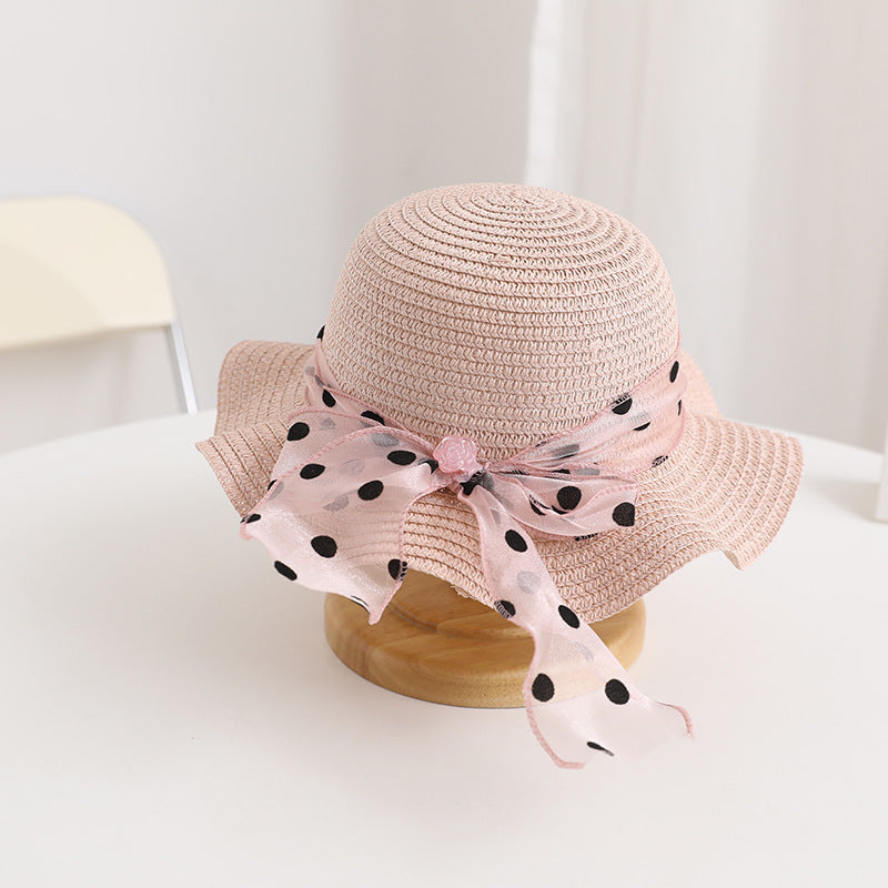 Girls' Polka Dot Bow Kids Bag Straw Beach Sun Hat