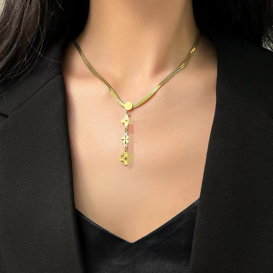 Titanium Steel Lucky Clover Tassel Necklace — Women's Snake Chain