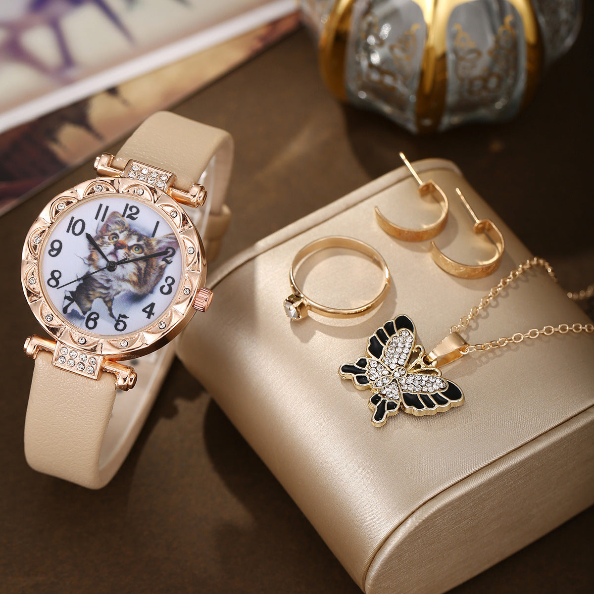 Cute cat watch pearl butterfly jewelry set