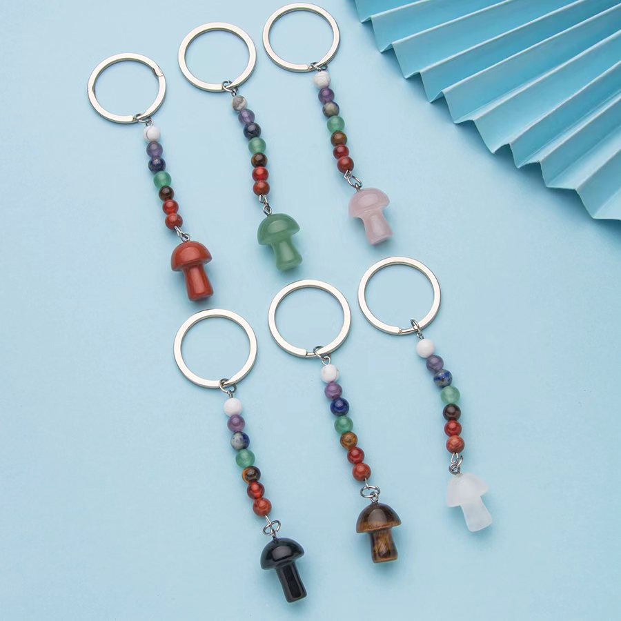 Colorful stone crystal small mushroom pendant stainless steel keychain