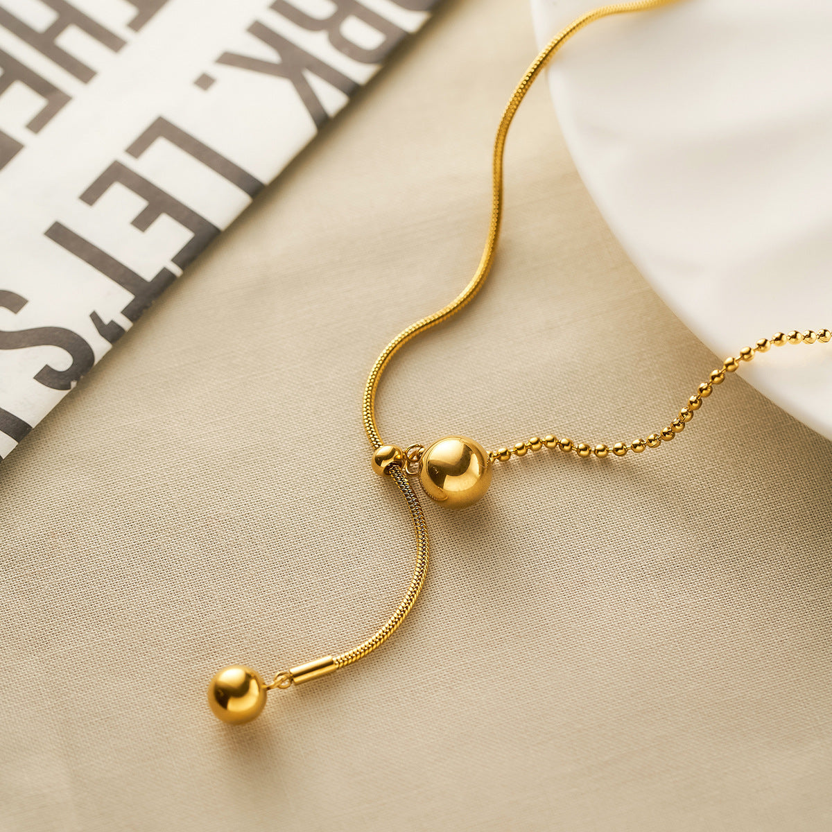 Adjustable Titanium Steel 18K Gold-Plated Bead Sweater Necklace