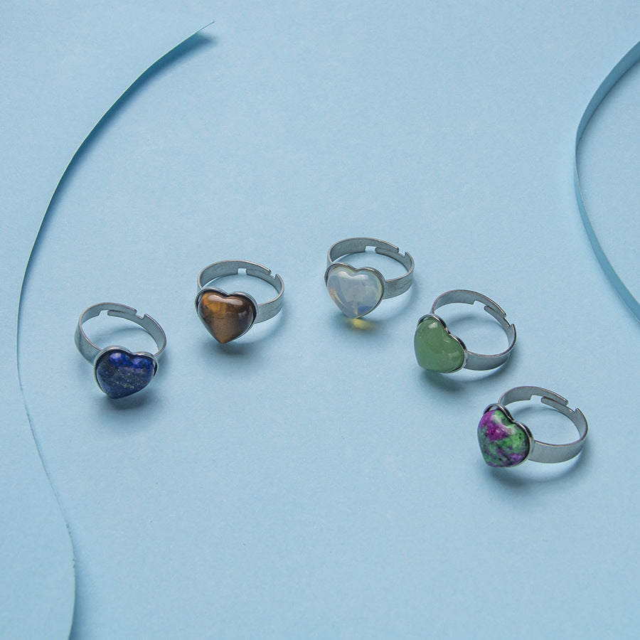 Anel de aço inoxidável ajustável de pedra natural em forma de coração 