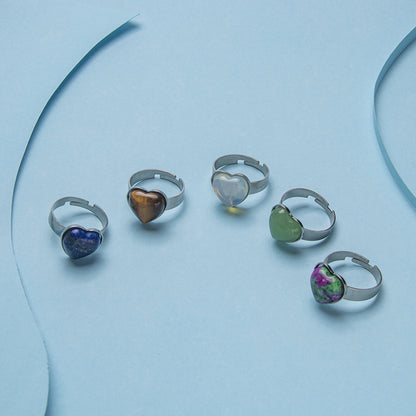 Anel de aço inoxidável ajustável de pedra natural em forma de coração 