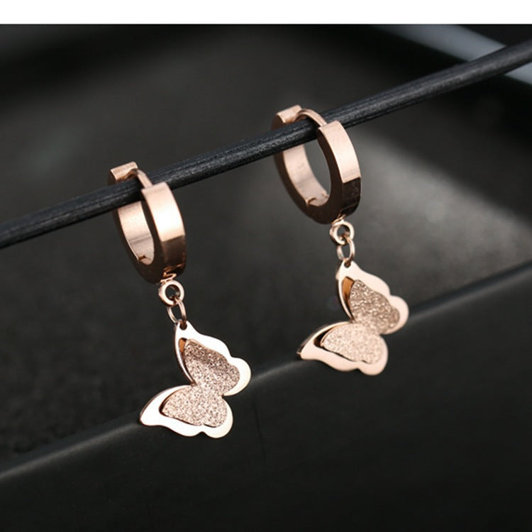 18K Rose Gold Titanium Steel Frosted Butterfly Earrings — Korean Cute Versatile