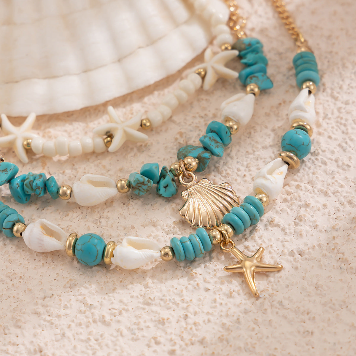 Starfish multi-layer rice bead anklet