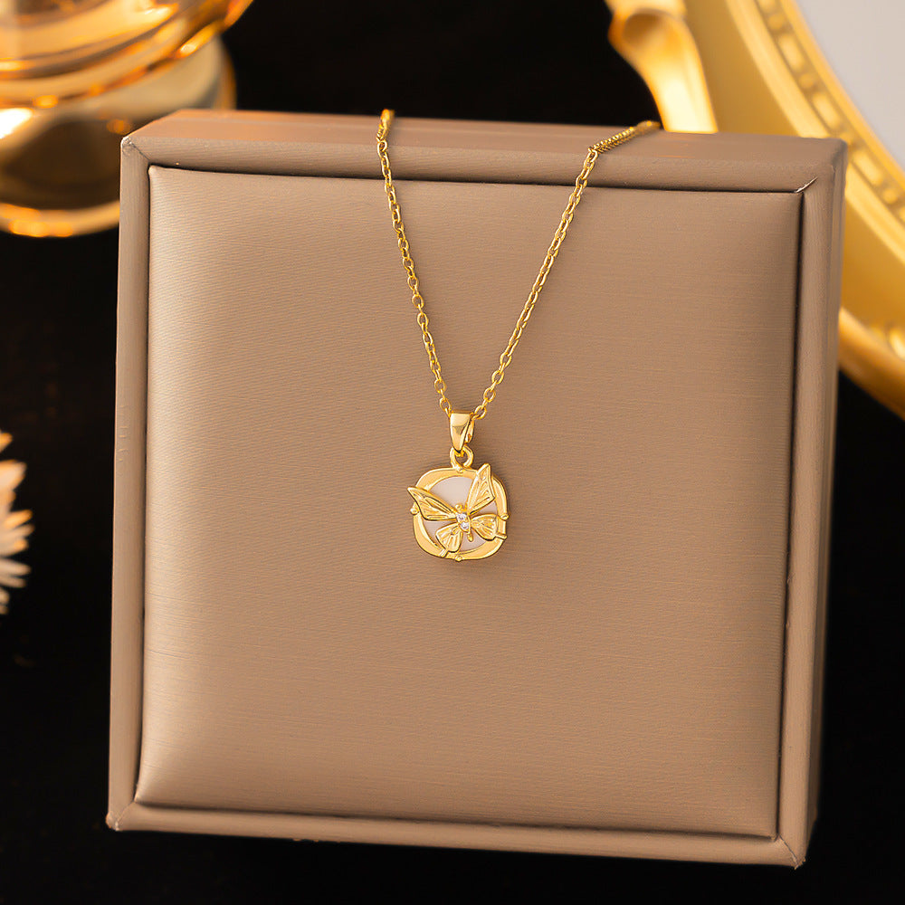 Women's 3D Butterfly White Shell Titanium Steel Collarbone Necklace