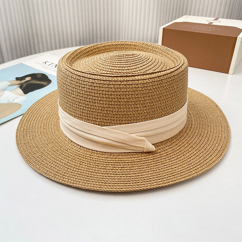 Flat-Top Straw Hat French-Style Summer Wide-Brim Sun Hat