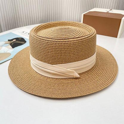 Flat-Top Straw Hat French-Style Summer Wide-Brim Sun Hat