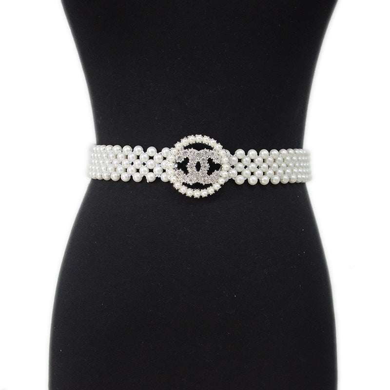 Slim Fit Rhinestone Pearl Wide Waist Chain