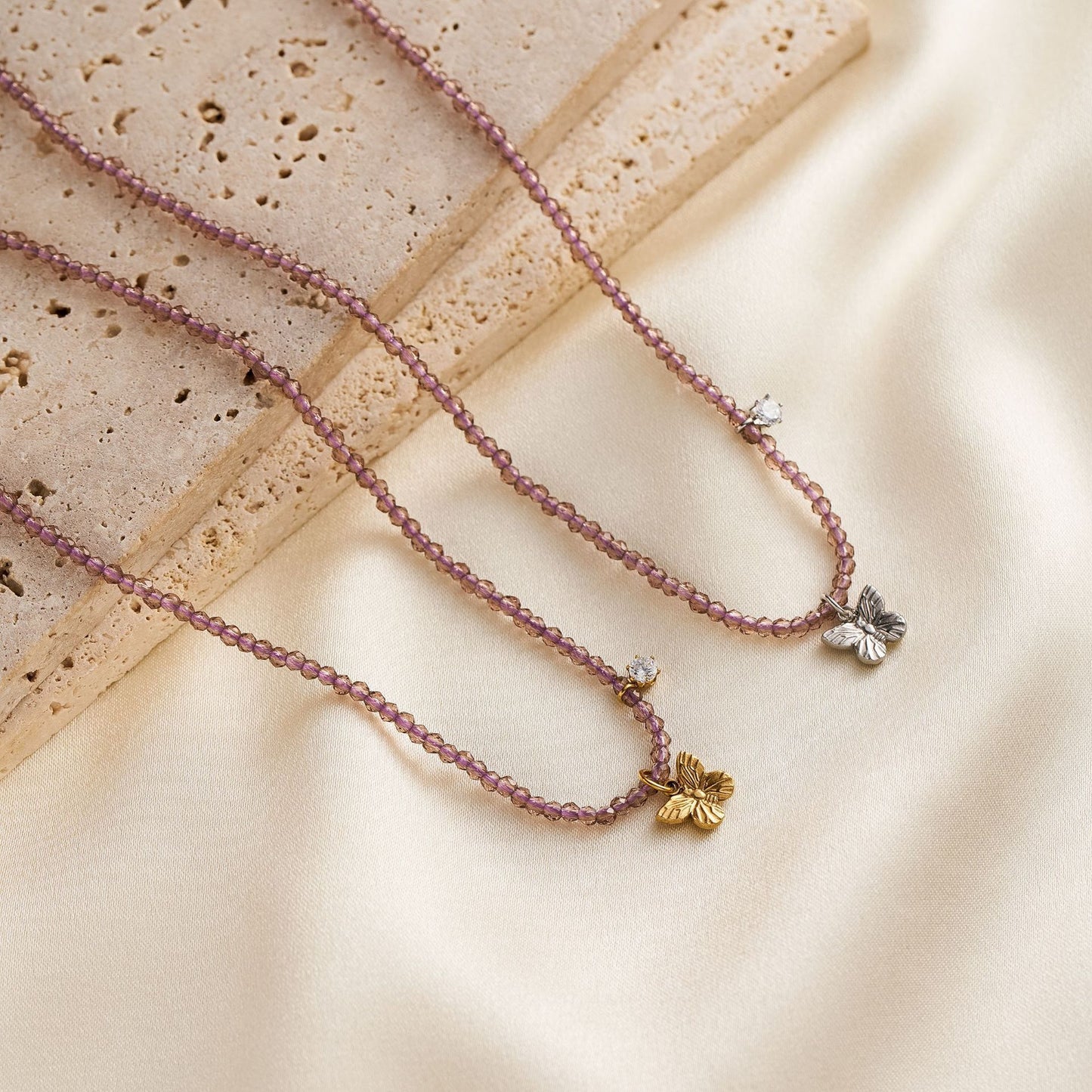 Women's Handmade Stainless Steel Butterfly Necklace with Diamond Bead Chain