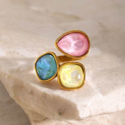 Three-color rhinestone open titanium steel ring