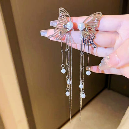 Butterfly earrings long pearl fringed earbone clips for women